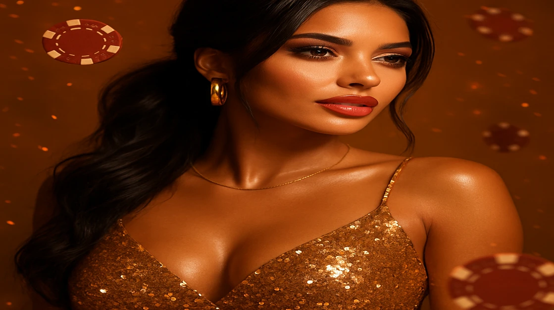 kg99999–এর ভাসমান গেমিং প্ল্যাটফর্ম চিপ ও জ্বলন্ত আলো দ্বারা ঘেরা, স্বর্ণালী পোশাক ও কানের দুল পরা এক জাঁকজমকপূর্ণ নারী।