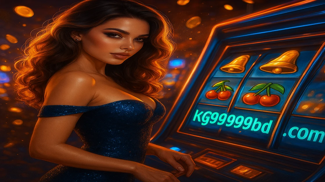 kg99999–এর পরিবেশে একটি মনোমুগ্ধকর নারী, গাঢ় গাউন পরিহিত, জ্বলন্ত আর্কেড গেমের পাশে, ৭৭৭ নম্বর নিদর্শন ও উড়ন্ত স্বর্ণালি কয়েনসহ।