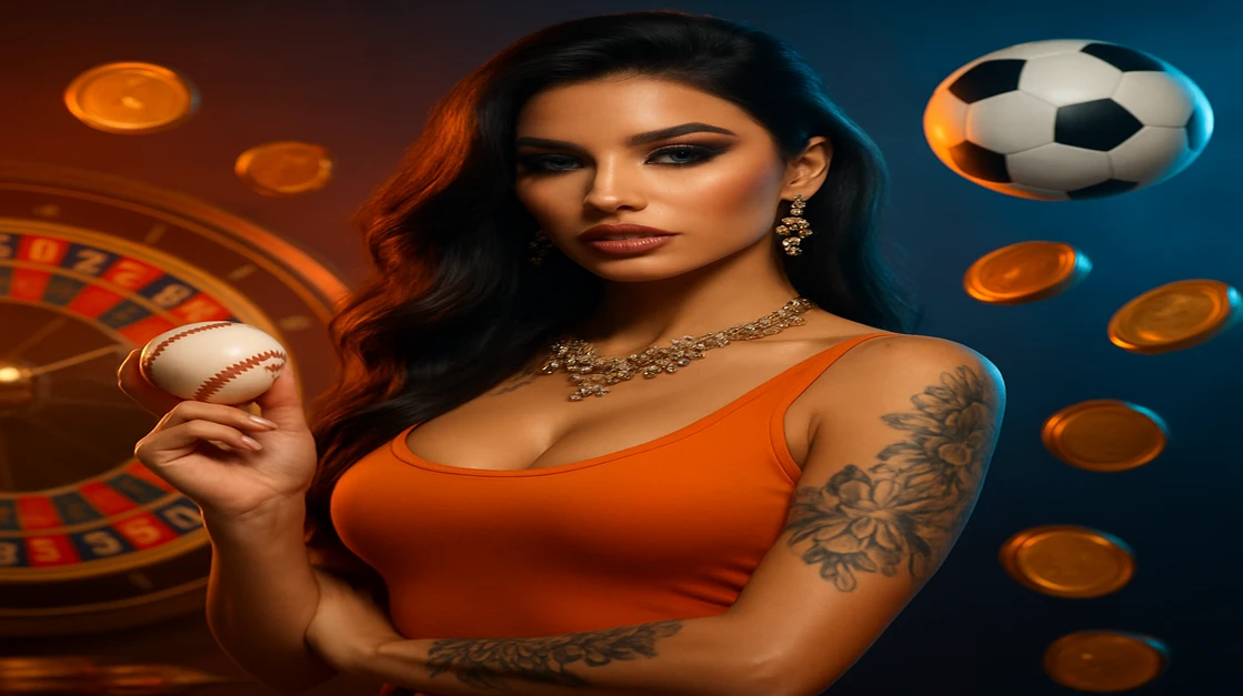 কমলা রঙের টপ পরা ট্যাটু-আবিষ্ট এক সাহসী নারী একটি বেসবল ধরে, kg99999–এর গেমিং প্ল্যাটফর্মে চারপাশে গেম-চক্র, চিপস ও উড়ন্ত ফুটবল ছড়িয়ে আছে।