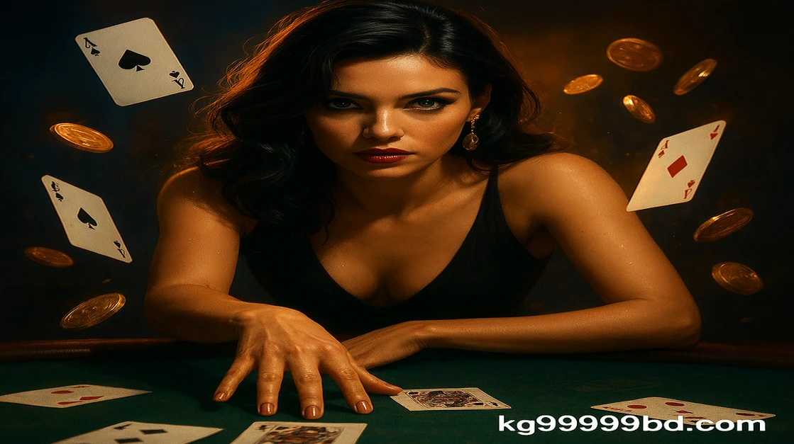kg99999 গেমিং প্ল্যাটফর্মের টেবিলের ওপর অন্ধকার পোশাকে এক নারী ধীরে ধীরে ঝুঁকে বসেছেন; চারদিকে উড়ন্ত কার্ড ও সোনালি কয়েন ছড়িয়ে আছে; লগইন লেখা স্পষ্টভাবে দেখা যাচ্ছে।