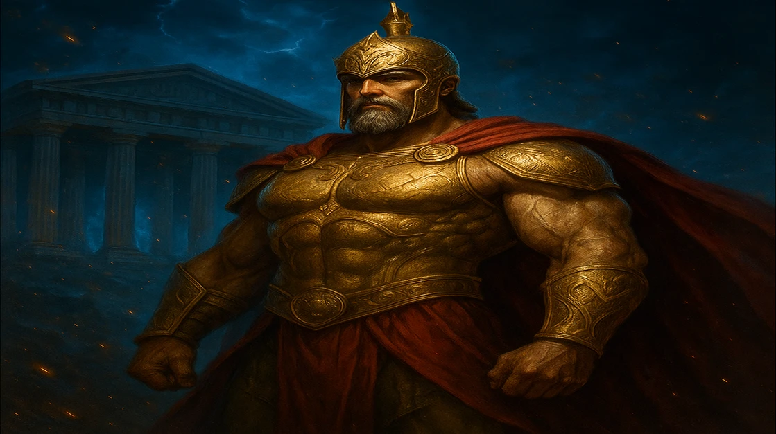 kg99999 ব্র্যান্ড টোনসহ সোনালি বর্ম ও লাল কেপ পরা শক্তিমান গ্রিক দেবতা রাতের বেলায় জ্বলন্ত অলিম্পাস মন্দিরের সামনে দাঁড়িয়ে আছে।
