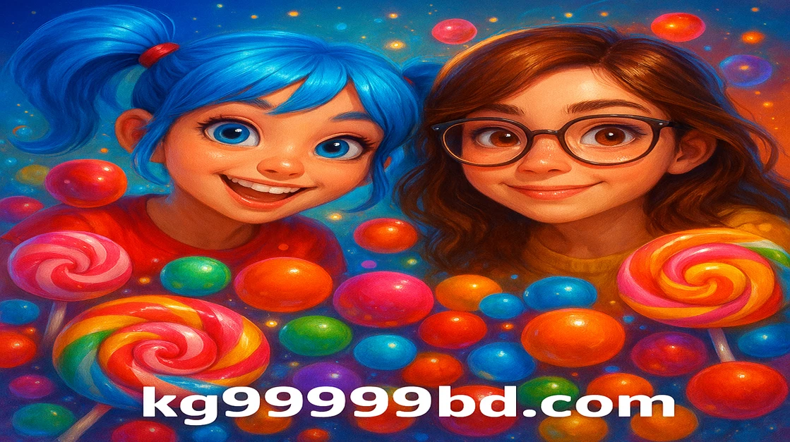 kg99999 ব্র্যান্ডের ছবিতে দুটি কার্টুন মেয়ে ললিপপ ও রঙিন ক্যান্ডি চারদিকে উড়ছে, নিচে সুইট বোনাঞ্জা শিরোনামটি লেখা আছে।